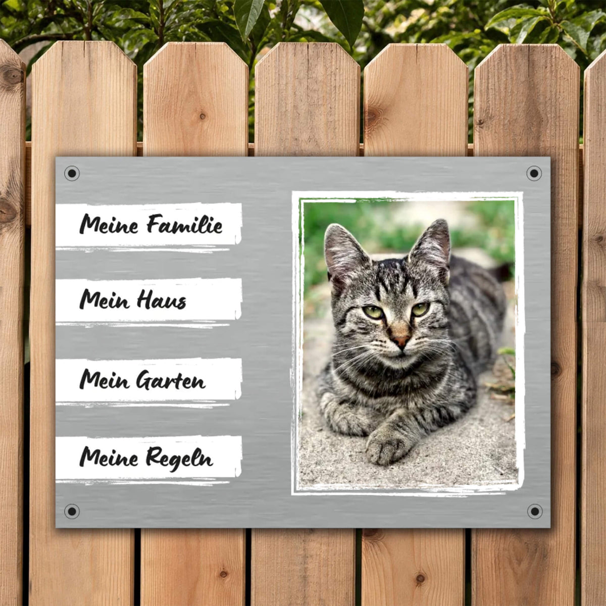 Katzenschild mit Foto Name Hintergrundwahl montiert Gartenzaun