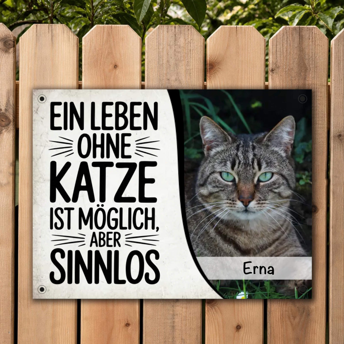 Katzenschild mit Foto und Spruch montiert an Gartenzaun